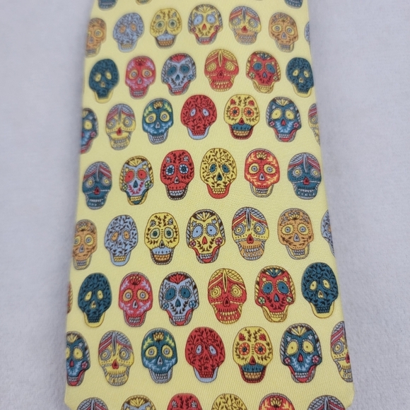 Josh Bach sugar skull necktie yellow skulls Day of the Dead tie 3" wide - Picture 2 of 3